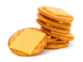 Delicious crackers with cheese on white background
