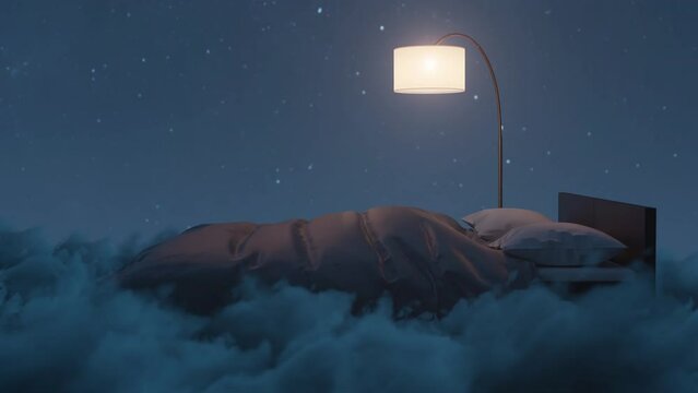 Cozy bed illuminated by lamp. The bed flying over fluffy clouds at night
