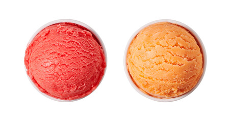 Cherry and peach ice cream ball isolated on white background