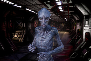 Portrait of an alien extraterrestrail creature with blue grey skin standing in a dark space ship corridor. 3D rendering.