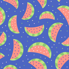 seamless pattern of pink watermelon slices on a blue background. Watermelon berry pattern