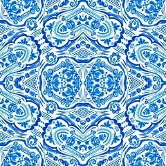 Blue white watercolor azulejos tile background. Seamless coastal geometric floral mosaic effect. Ornamental arabesque all over summer fashion damask repeat