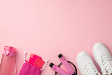 Sports accessories concept. Top view photo of white sneakers pink bottle of water resistance bands in special bag and skipping rope on isolated pastel pink background with copyspace