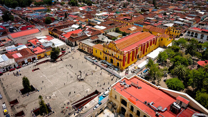 Aerial Drone San Cristobal De Las Casas City Center Traditional Catholic Mexico Chiapas mountains landscape  © Michele