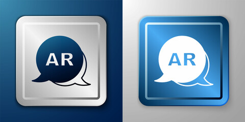 White Augmented reality AR icon isolated on blue and grey background. Virtual futuristic wearable devices. Silver and blue square button. Vector