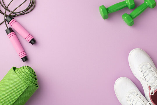 Fitness accessories concept. Top view photo of green sports mat dumbbells skipping rope and white sneakers on isolated pastel lilac background with copyspace in the middle