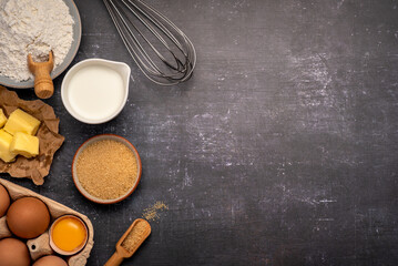 Food photography of  ingredients, egg,  flour,  milk, butter