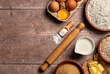 Fototapeta na wymiar Blank photography of ingredients, egg, flour, milk, butter, oat