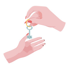 Hands holding house keys. The concept of buying or renting a home. Keys to the apartment. Vector illustration.