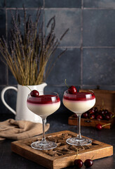 Food photography of panna cotta, dessert, mousse, cherry