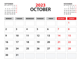 Calendar 2023 template, October 2023 year, planner template, monthly and yearly planners, week start monday, wall calendar design, corporate planner, Desk calendar 2023, printing, vector