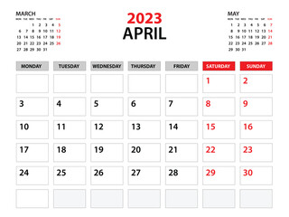 Calendar 2023 template, April 2023 year, planner template, monthly and yearly planners, week start monday, wall calendar design, corporate planner, Desk calendar 2023, printing, vector