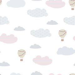 Childish seamless print. Pattern of clouds and balloons in the sky. Pastel shades. Derezhables and balloons with a travel basket. Vector illustration