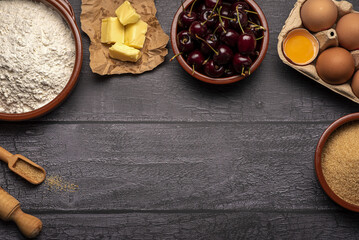 Blank photography of ingredients, egg, flour, cherry, butter, sugar