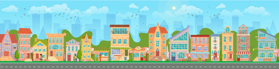 Obraz na płótnie Canvas City street. Panoramic cityscape with bright houses, walking pedestrians, flowering trees. Shop and stores. Spring city. Vector illustration in cartoon style.
