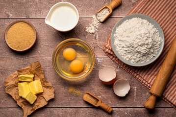 Blank photography of ingredients, egg, flour, milk, butter