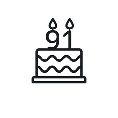 Birthday cake line icon with candle number 91 (ninety-one). Vector. - obrazy, fototapety, plakaty