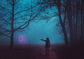 Girl on the road in a mysterious forest. Background wallpaper. Strange forest. Mystic atmosphere. Dark scary road. Paranormal another world. Ghost in the fog. The pursuit. Horrible dream.