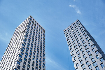 Obraz premium Moscow, Russia 2022 New buildings facades in housingresidential complex Moscow city, Russia. Modern style in architecture. New houses in dormitory area of Moscow.