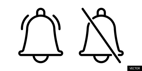 Notification bell, Ring mode and Turn off notification bell, Silent mode vector icons in line style design for website design, app, UI, isolated on white background. Editable stroke. Vector file.