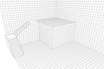 perspective grid worksheet with wall and floor wireframe for interior design. 3d view of an open concept room with staircase. black mesh on white background