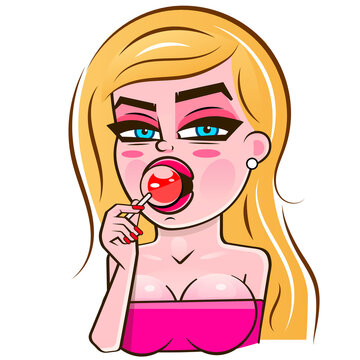 Vector pop art pin up illustration of a young sexy punk girl sucks lollipop