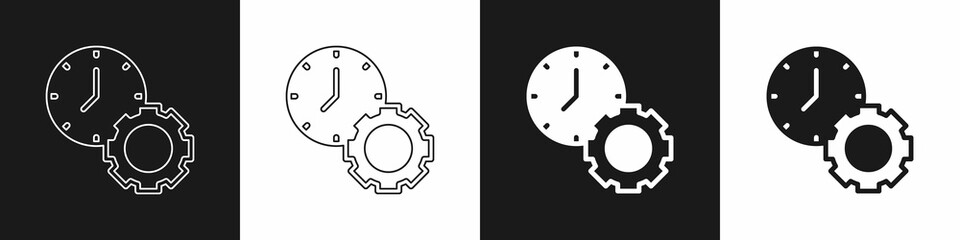 Set Time management icon isolated on black and white background. Clock and gear sign. Productivity symbol. Vector