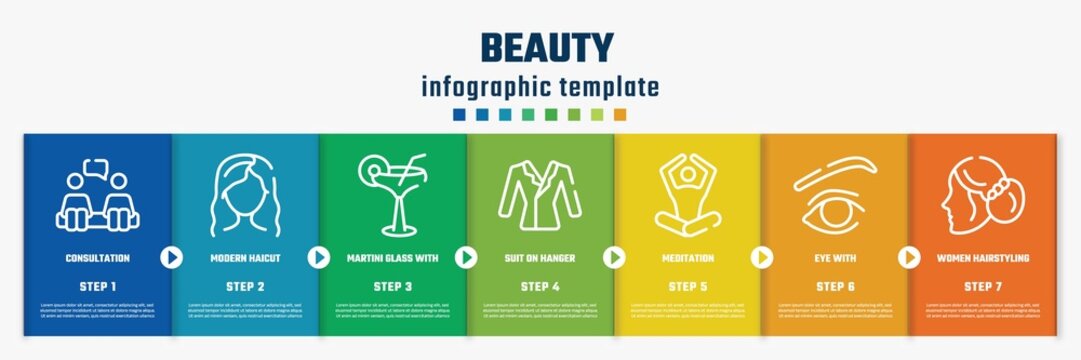beauty concept infographic design template. included consultation, modern haicut, martini glass with straw, suit on hanger, meditation, eye with, women hairstyling icons and 7 option or steps.