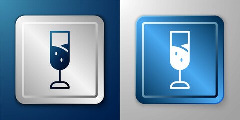 White Glass of champagne icon isolated on blue and grey background. Merry Christmas and Happy New Year. Silver and blue square button. Vector