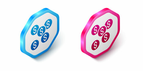 Isometric Dollar symbol icon isolated on white background. Cash and money, wealth, payment symbol. Casino gambling. Hexagon button. Vector