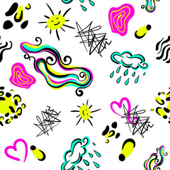 Seamless bright summer abstract pattern in pink, yellow, turquoise, and black. It has bright stains, spots, sunshine, a cloud, a heart, and lines drawn on it. Vector