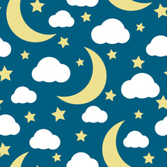Seamless pattern with moon, stars and clouds. Sky texture on blue background. Vector illustration.