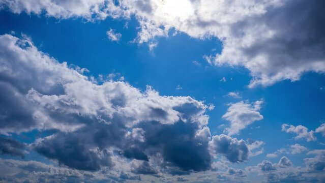 Time lapse of layered clouds move in the blue sky under bright sun. Cirrus clouds change shape and dissolve in cloud space. Majestic fluffy sky. Cloudscape timelapse. Change weather. Amazing nature 4K