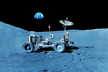 Moon rover on the surface of Moon. Elements of this image furnished by NASA - obrazy, fototapety, plakaty