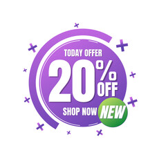 20% percent off, shop, now, Today offer, 3D purple design of a bubble, with various background details, Vector illustration, Twenty 
