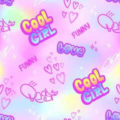 Cool girl pattern. Seamless girlish print with graffiti text, hearts, lettering, words love. Fluffy rainbow endless background.