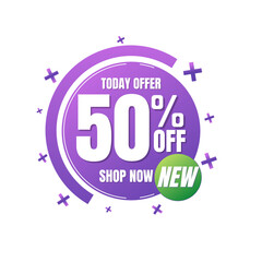 50% percent off, shop, now, Today offer, 3D purple design of a bubble, with various background details, Vector illustration, Fifty 