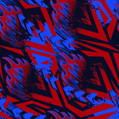 Abstract seamless Grunge geometric pattern with curved lines. Fire track and arrows repeat print for sport textile, fashion clothes, wrapping paper. Blue and red endless geometric ornament