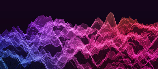 Mounds and canyons of colors. Peaks and dips  formed by extremely fine 3D mesh or grid. Complex   wireframe in purple to magenta color. 3D illustration, 3D rendering. - obrazy, fototapety, plakaty