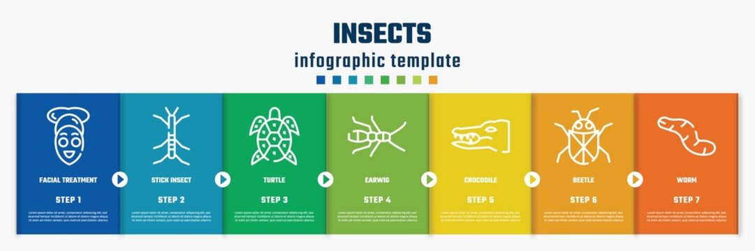 insects concept infographic design template. included facial treatment, stick insect, turtle, earwig, crocodile, beetle, worm icons and 7 option or steps.