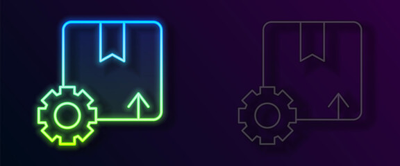 Fototapeta premium Glowing neon line Gear wheel with package box icon isolated on black background. Box, package, parcel sign. Delivery and packaging. Vector