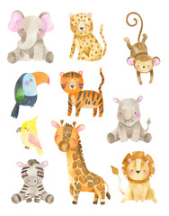 Watercolor illustration Safari animals - elephant, monkey, leopard, parrot, toucan, giraffe, lion, tiger, rhinoceros, zebra.