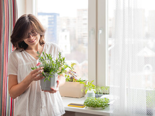 Smiling woman is looking on blooming carnation flower.. Growing edible organic basil, arugula, microgreen of cabbage for healthy nutrition. Gardening on window sill at home.