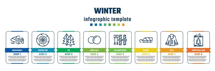 winter concept infographic design template. included snowmobile, winter tire, fir, snow ball, ski equiptment, sledge, coat, christmas card icons and 8 steps or options.