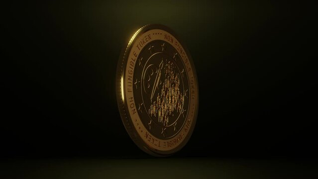 Loop zd animation of a rotating NFT gold coin. A gold coin in a dark space with a glow. The idea of advanced business technologies.