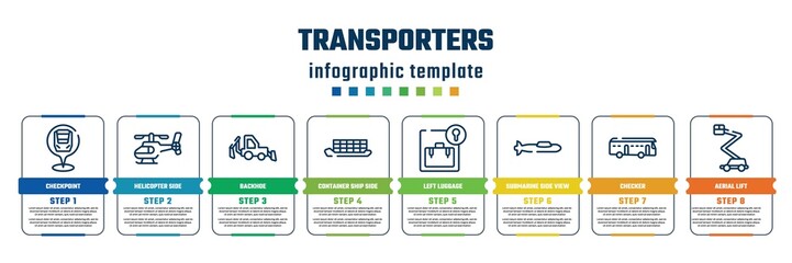 Obraz premium transporters concept infographic design template. included checkpoint, helicopter side view, backhoe, container ship side view, left luggage, submarine side view, checker, aerial lift icons and 8