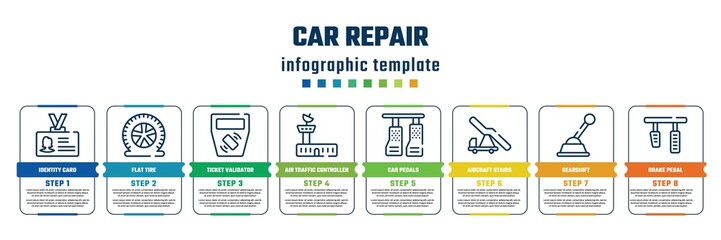 Obraz premium car repair concept infographic design template. included identity card, flat tire, ticket validator, air traffic controller, car pedals, aircraft stairs, gearshift, brake pedal icons and 8 steps or
