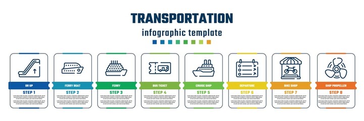 transportation concept infographic design template. included or up, ferry boat, ferry, bus ticket, cruise ship, departure, bike shop, ship propeller icons and 8 steps or options.