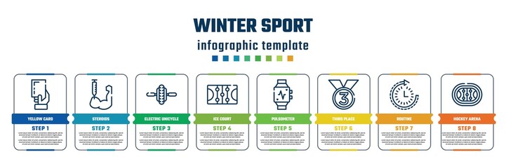 winter sport concept infographic design template. included yellow card, steroids, electric unicycle, ice court, pulsometer, third place, routine, hockey arena icons and 8 steps or options.