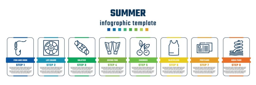 summer concept infographic design template. included fish and hook, life guard, solstice, diving fins, cherries, sleeveless, postcard, aqua park icons and 8 steps or options.